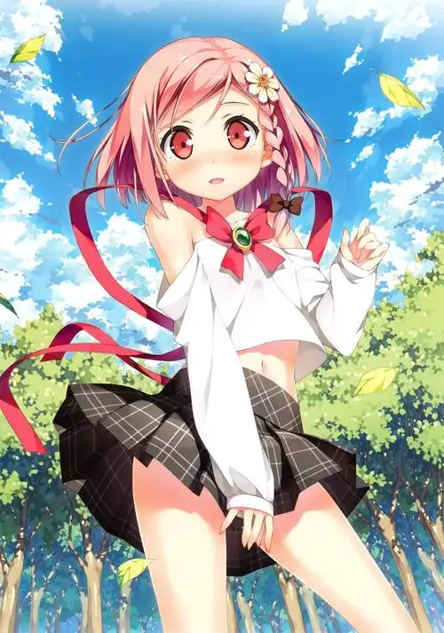 漫画岛 粉发红瞳少女白色露肩上衣黑格短裙红色丝带蓝天树林动漫插画